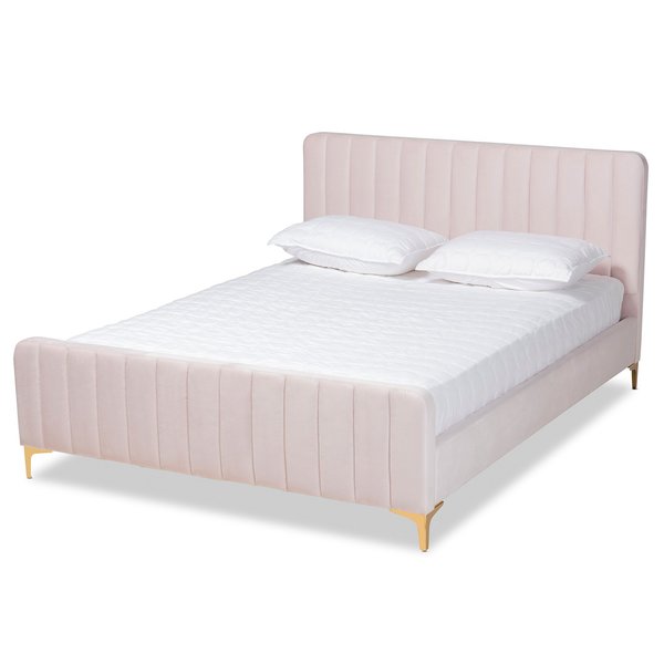 Baxton Studio Nami Modern Glam and Luxe Light Pink Velvet Fabric and Gold Finished Queen Size Platform Bed 174-11185-Zoro